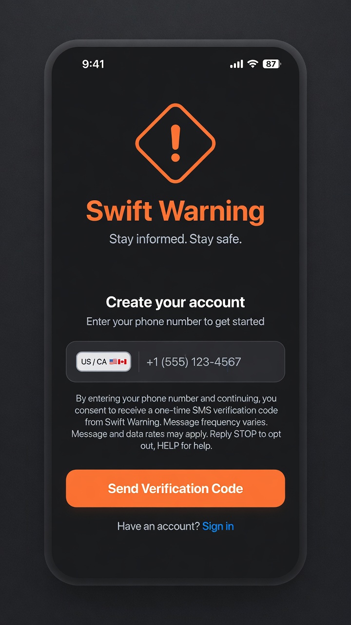 Swift Warning Create Account screen showing the SMS consent text above the Send Verification Code button.